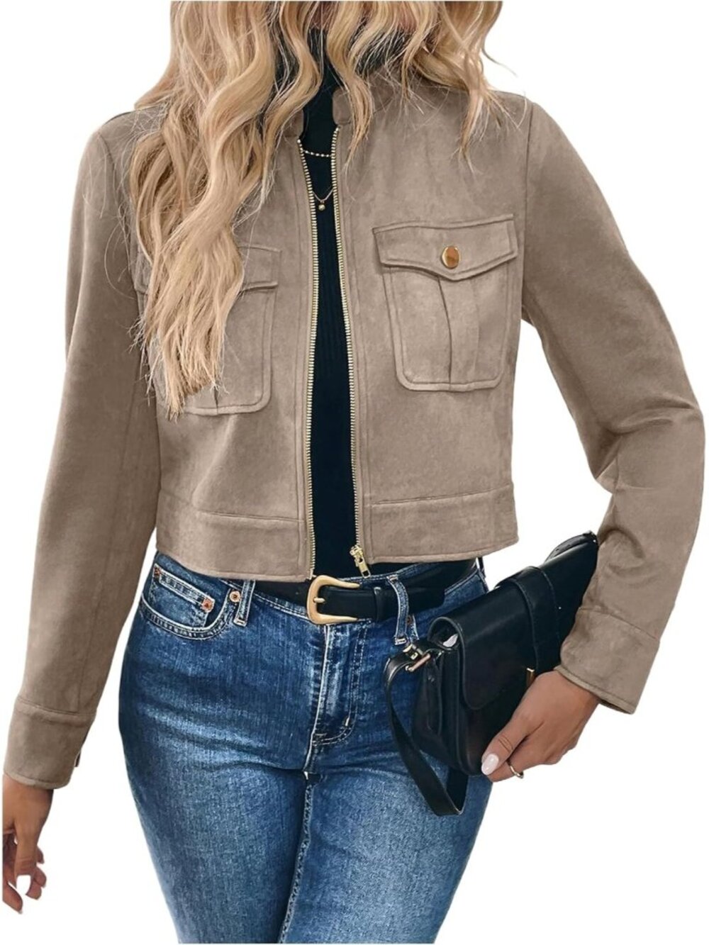 Women’s Apricot Faux Suede Cropped Jacket Zip Up Cargo Pockets Casual Work wear